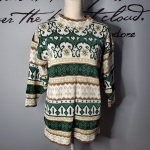 Vintage 80s ARIELLE Green & Tan Design Sweater, M